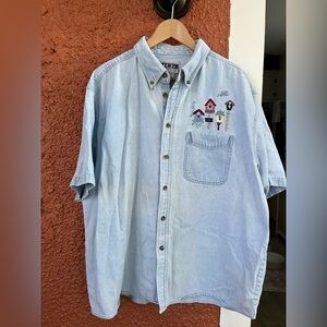 Wons Wear Denim Shirt Button Up Embroidered Birdhouse Theme. Size 2XL